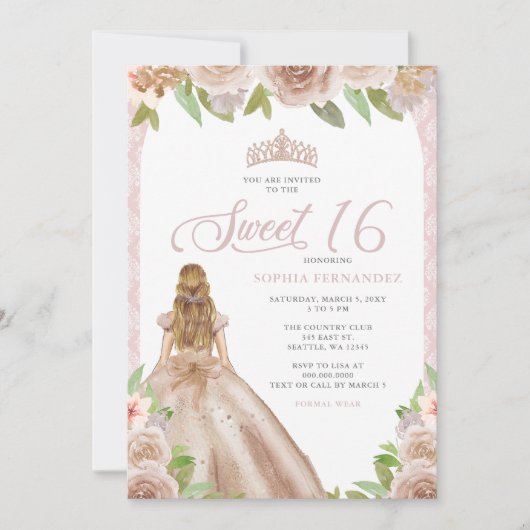 赤面バラ金ゴールドフローラプリンセスティアラスイート16 招待状 (正面)