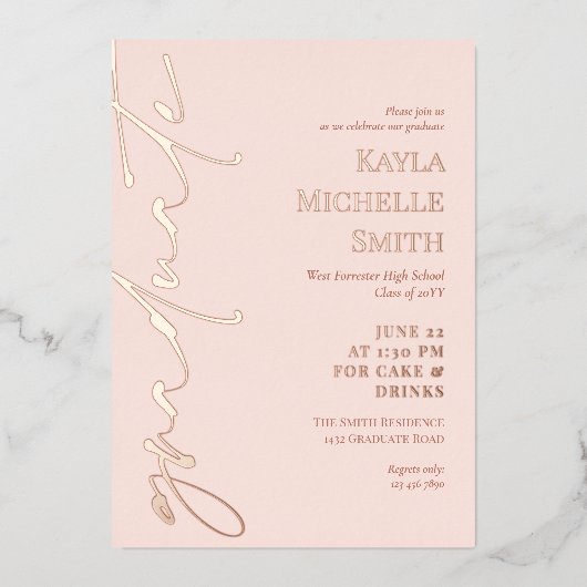 赤面バラ金ゴールド書道真鍮卒業パーティー 箔招待状 (正面)