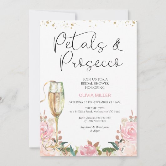 赤面バラ金ゴールド花びらおよびプロセッコブライダルシャワー 招待状 (正面)