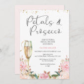 赤面バラ金ゴールド花びらおよびプロセッコブライダルシャワー 招待状 (正面/裏面)