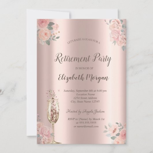 赤面バラ、シャンパングラス、バラ金ゴールド退職 招待状 (正面)