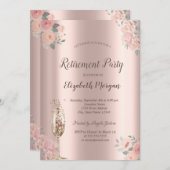 赤面バラ、シャンパングラス、バラ金ゴールド退職 招待状 (正面/裏面)