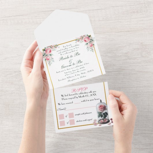 赤面バラ、ピンク オールインワン招待状 (貼ってはがせる)