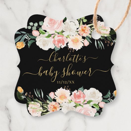 赤面バラ&牡丹赤ちゃんシャワー好意ギフトラベル フェイバータグ (裏面)