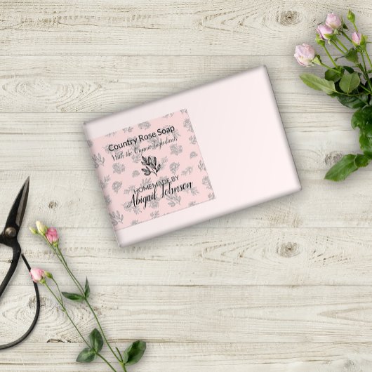 赤面バラ&葉ラインアーモダント石鹸ラベル 長方形シール