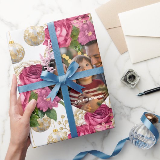 赤面バラ&金ゴールドオーナメントカスタムクリスマスフォト ラッピングペーパー (ギフト)