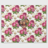 赤面バラ&金ゴールドオーナメントカスタムクリスマスフォト ラッピングペーパー (フラット)