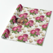 赤面バラ&金ゴールドオーナメントカスタムクリスマスフォト ラッピングペーパー (アンロールド)