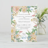 赤面バラMums金ゴールド葉フローラ水彩アート 招待状 (スタンド正面)