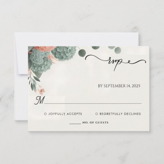 赤面パステルピーチミントモスサージグリーン結婚ズ 出欠カード (正面)