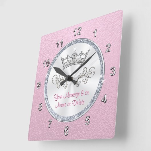赤面パーソナライズされたピンククロッかわいらしク(ティアラ付) スクエア壁時計 (傾斜)