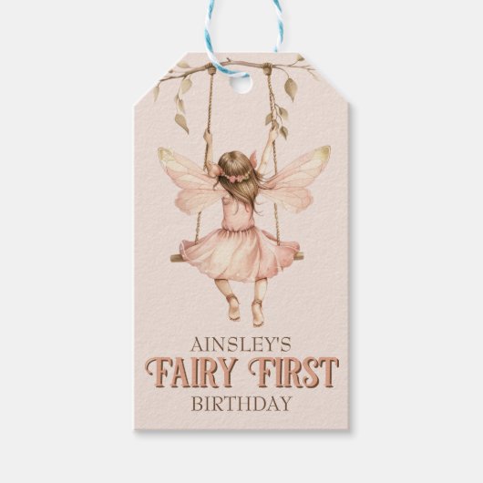 赤面パーソナライズされたピンクフェアリー最初の1歳の誕生日 ギフトタグ (正面)