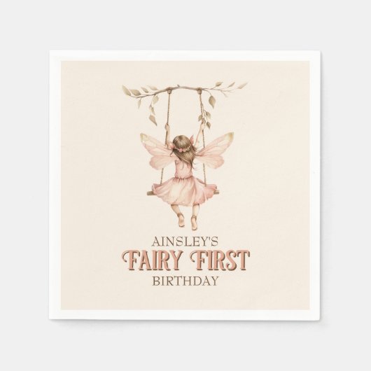 赤面パーソナライズされたピンクフェアリー最初の1歳の誕生日 スタンダードカクテルナプキン (正面)