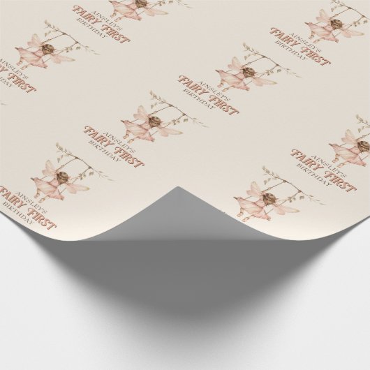 赤面パーソナライズされたピンクフェアリー最初の1歳の誕生日 ラッピングペーパー (角)