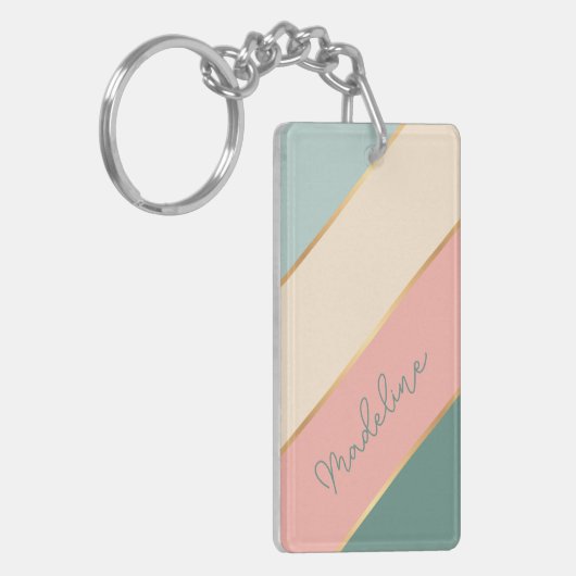 赤面パーソナライズされたピンクミントグリーンアイボリーストライプズ キーホルダー (正面左)