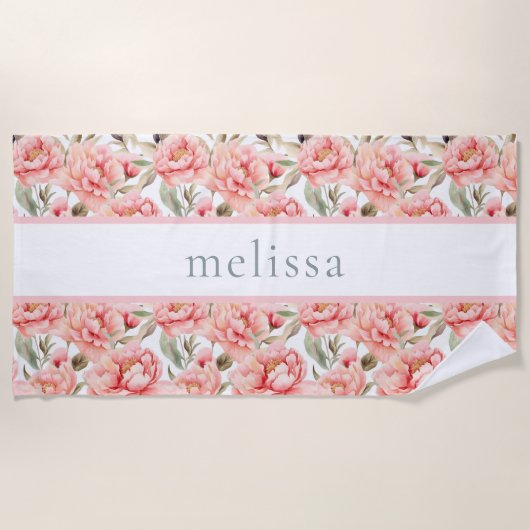 赤面パーソナライズされたフローラコテージコア ビーチタオル (正面)