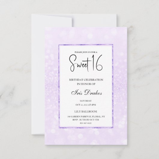赤面パープルグリッターエレガントシックスウィート16 招待状 (正面)
