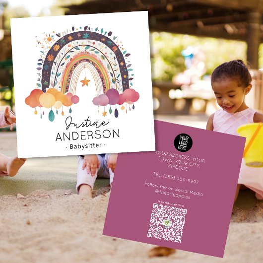 赤面パープルスカンジニハートレインボーベビーシッター スクエア名刺