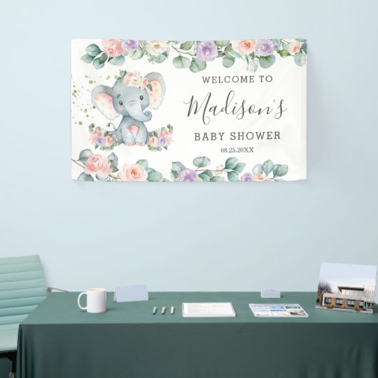 赤面パープルフローラエレファントベビーシャワーウェルカム 横断幕 (トレードショー)