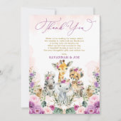 赤面パープルフローラジャングルサファリガールベビーシャワー サンキューカード (正面)