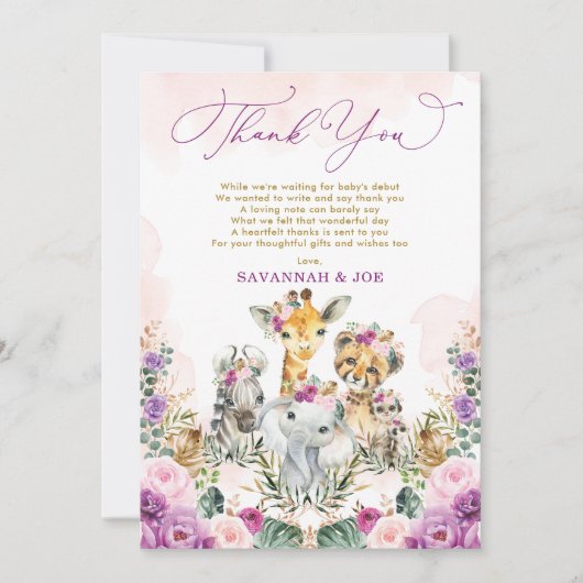 赤面パープルフローラジャングルサファリガールベビーシャワー サンキューカード (正面)