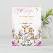 赤面パープルフローラジャングルサファリガールベビーシャワー サンキューカード (スタンド正面)