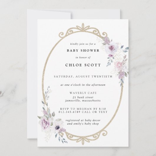 赤面パープルフローラ金ゴールドフレームベビーシャワー 招待状 (正面)