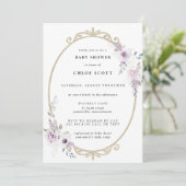 赤面パープルフローラ金ゴールドフレームベビーシャワー 招待状 (スタンド正面)