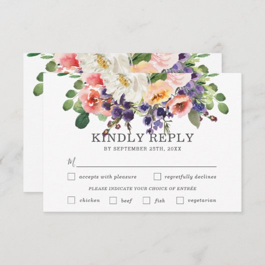 赤面パープルホワイト結婚フローラの食事の選択 出欠カード (正面/裏面)