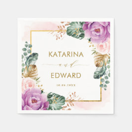 赤面パープル熱帯フローラ緑結婚園 スタンダードカクテルナプキン