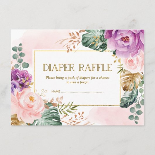 赤面パープル素朴トロピカルフローラおむつラッフル エンクロージャーカード (正面)