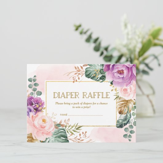 赤面パープル素朴トロピカルフローラおむつラッフル エンクロージャーカード (スタンド正面)