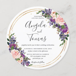 赤面パープル結婚フローラ金ゴールドグリッター円 招待状