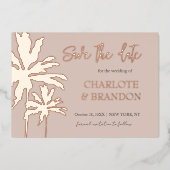 赤面パームツリーズビーチ結婚式日付金ゴールドの保存 箔招待状 (正面)