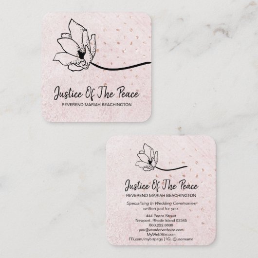 *～*赤面パールグリッターピーチピンクラインアートフラワー スクエア名刺 (正面/裏面)