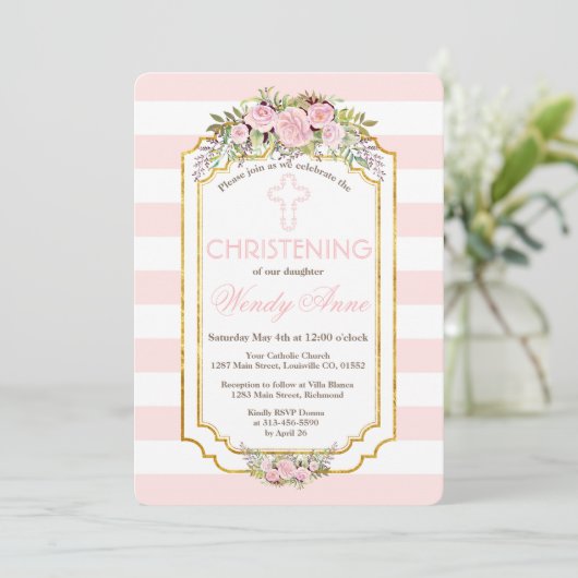 赤面ピストライプンクフローラ金ゴールド《キリスト教》洗礼式や命名式招待状 招待状 (スタンド正面)