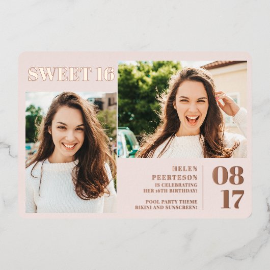 赤面ピモダンンはっきりしたク3枚Sweet 16 箔招待状 (正面)