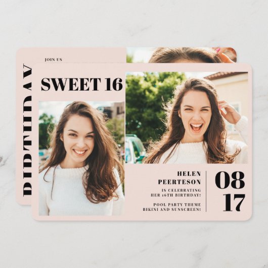 赤面ピモダンンクはっきりした3枚の写真Sweet 16誕生日 招待状 (正面/裏面)