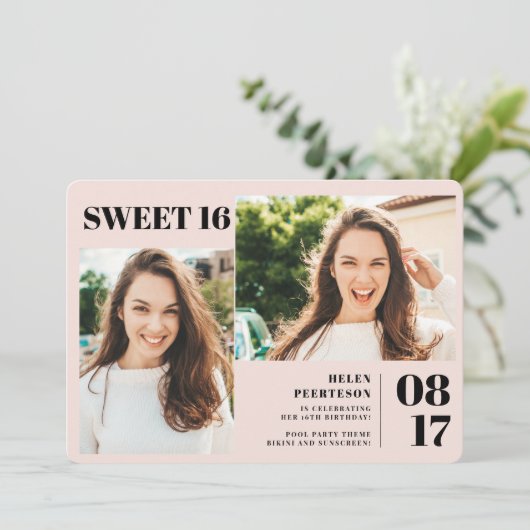 赤面ピモダンンクはっきりした3枚の写真Sweet 16誕生日 招待状 (スタンド正面)