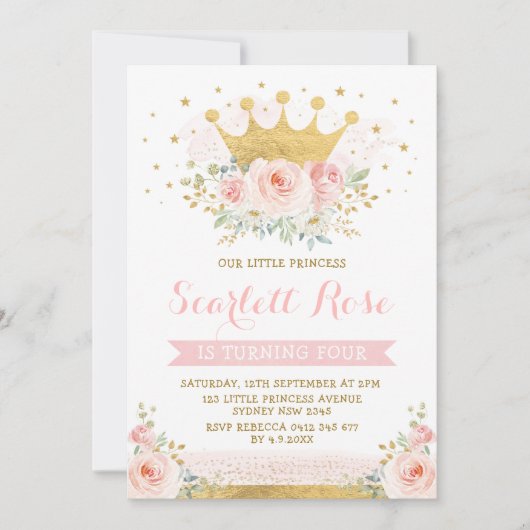 赤面ピンかわいらしクプリンセス金ゴールドクラウン誕生日 招待状 (正面)