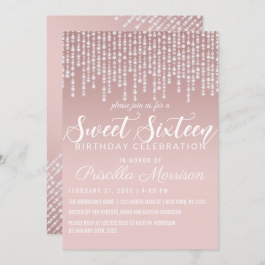 赤面ピンぶら下がったクのダイヤモンドライトスイート16 招待状 (正面/裏面)