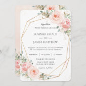 赤面ピンエレガントクのフローラ金ゴールドジオメト結婚リ 招待状 (正面/裏面)