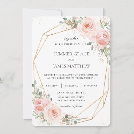 赤面ピンエレガントクのフローラ金ゴールドジオメト結婚リ  招待状 (正面)
