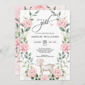 赤面ピンエレガントクフラワーラムガールベビーシャワー 招待状 (正面/裏面)