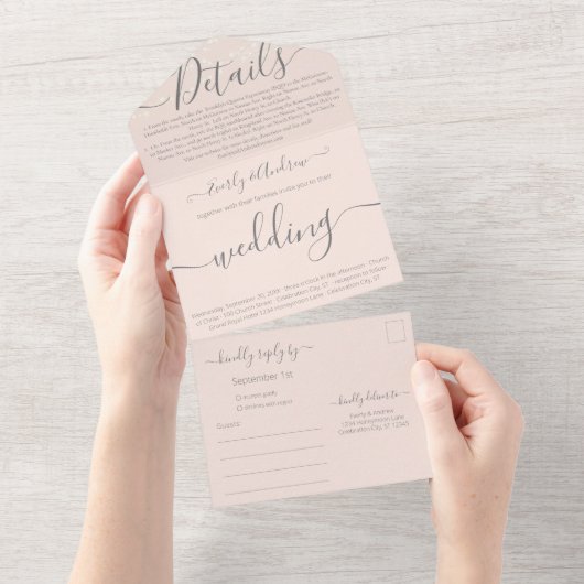 赤面ピンクあなたの写真シンプルのモダン結婚 オールインワン招待状 (貼ってはがせる)