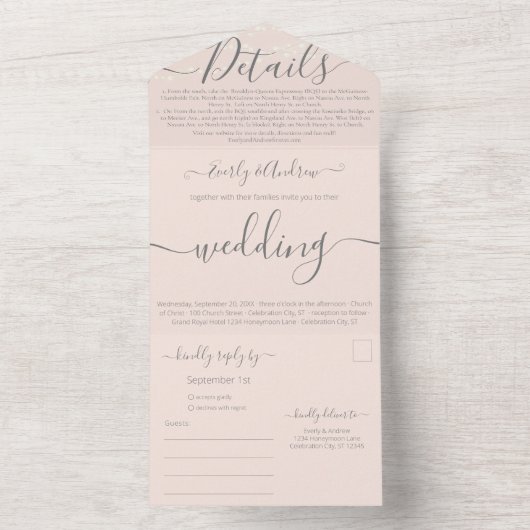 赤面ピンクあなたの写真シンプルのモダン結婚 オールインワン招待状 (内側)