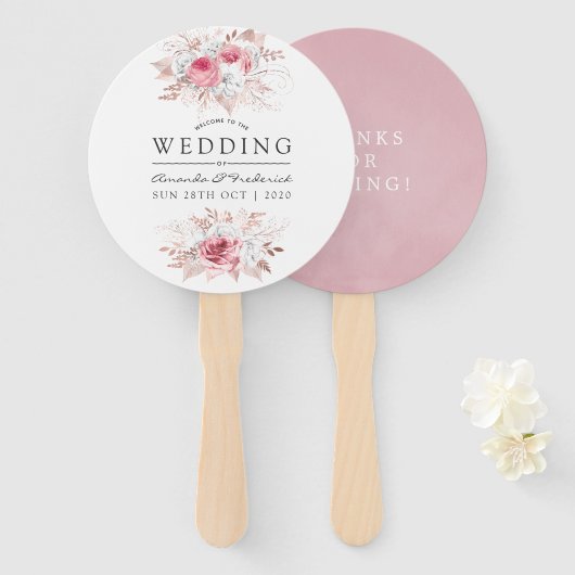 赤面ピンクおよびバラ金ゴールドフローラ結婚式の引き出物 ハンドファン (正面&裏面)