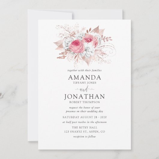 赤面ピンクおよびバラ金ゴールドフローラ結婚式招待状 招待状 (正面)