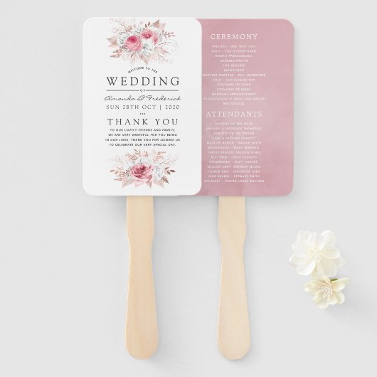 赤面ピンクおよびバラ金ゴールドフローラ結婚式 プログラム ハンドファン (正面&裏面)