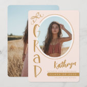 赤面ピンクお洒落写真の卒業発表 招待状 (正面/裏面)